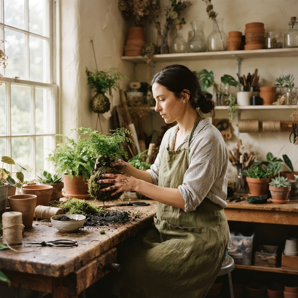 Heather shaping a kokedama in her Albany plant studio