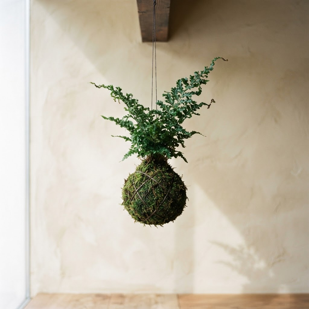 A sculptural fern kokedama suspended against a cream wall