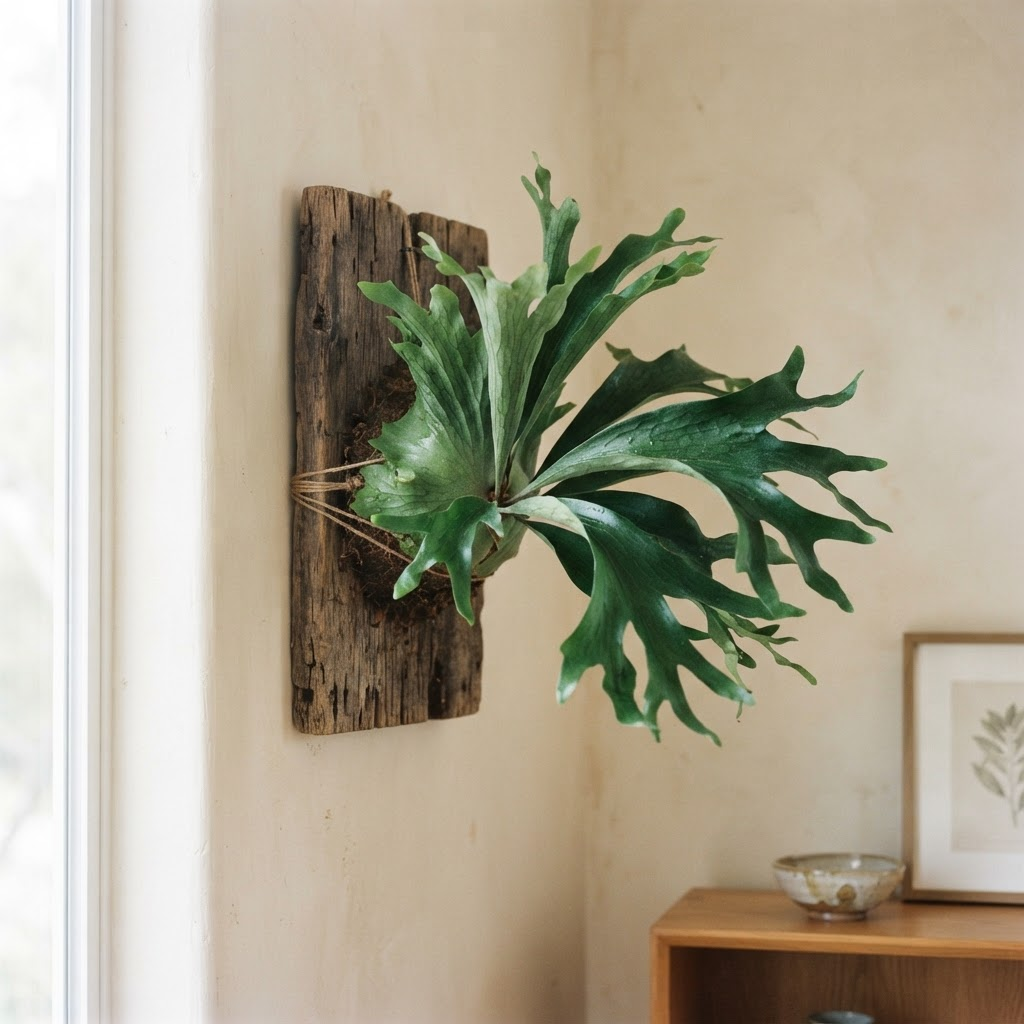 A staghorn fern mounted on natural wood